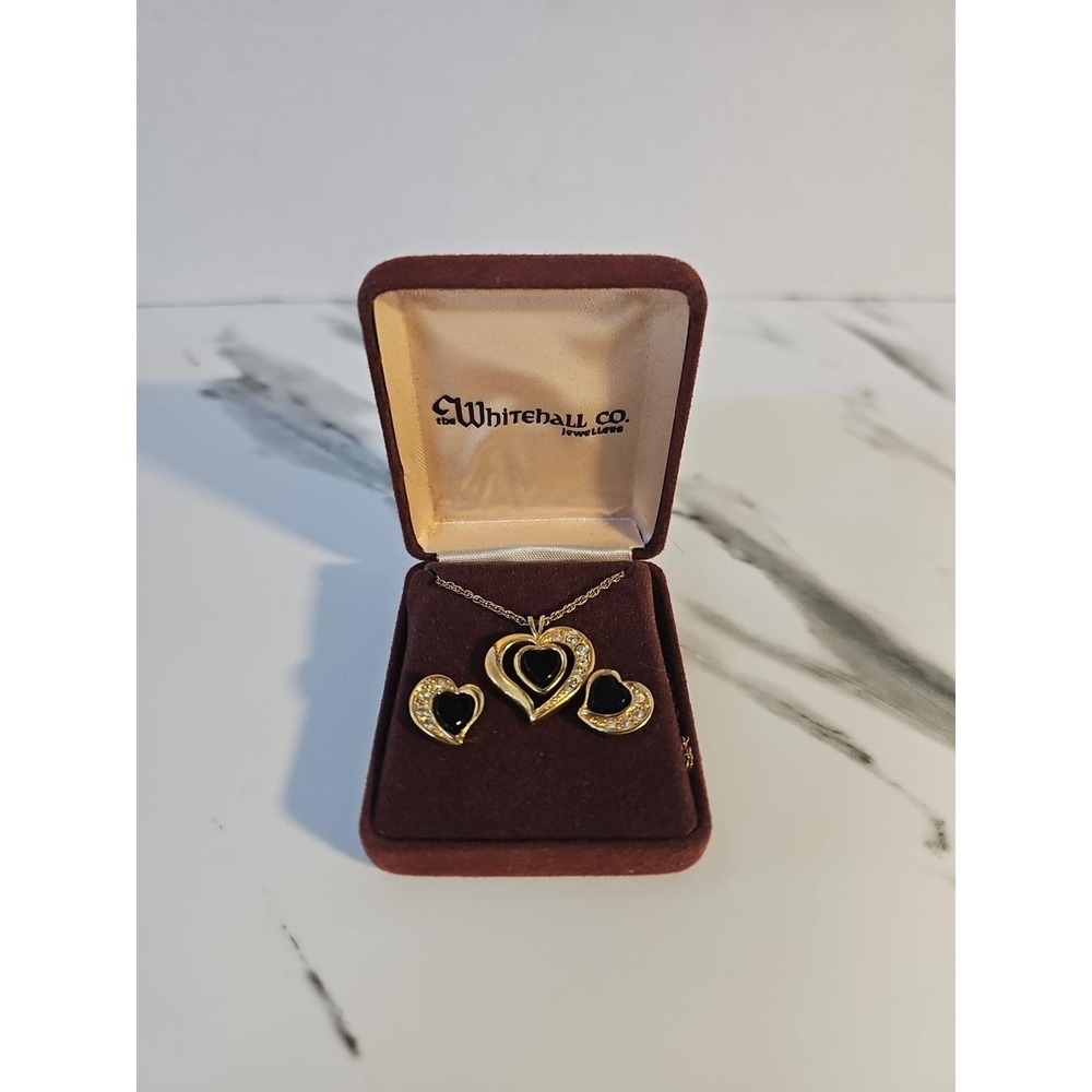 Vintage Avon Black Onyx Heart Necklace Earrings Set Gold Tone Rhinestone